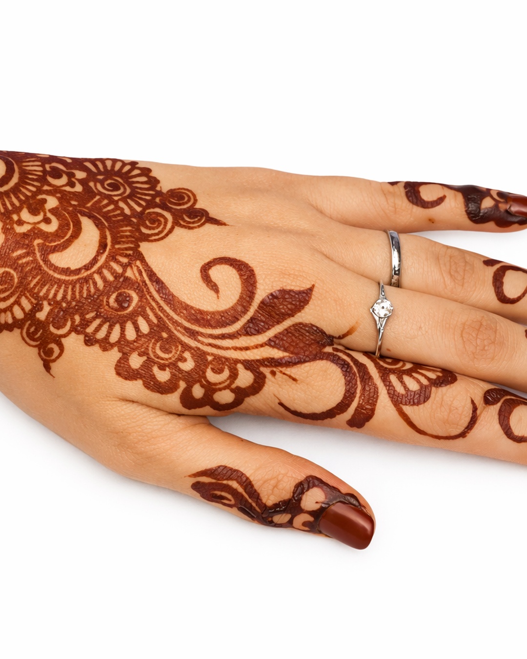 Intricate Arabic bridal henna design with ring