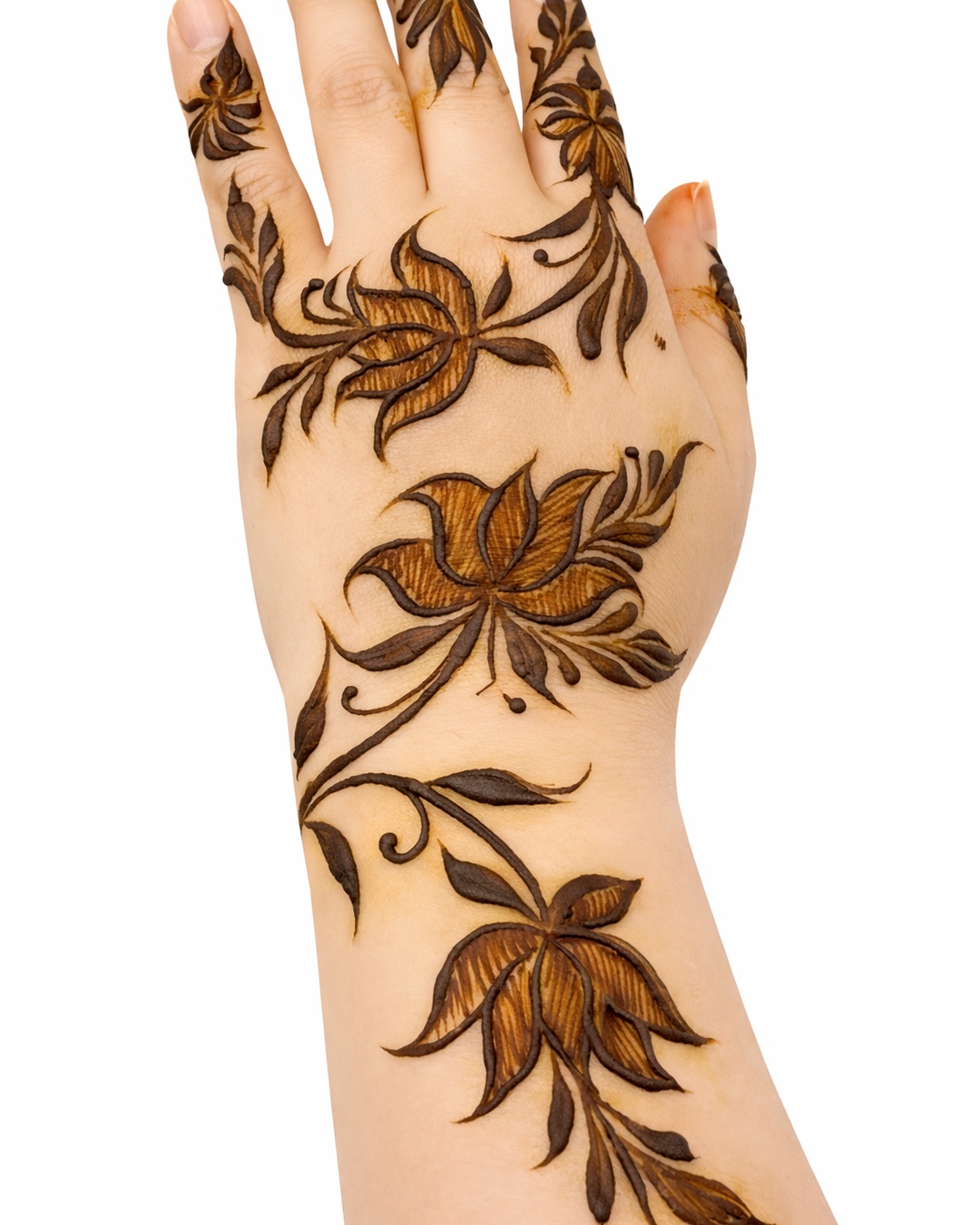 Large floral vine henna design up the arm
