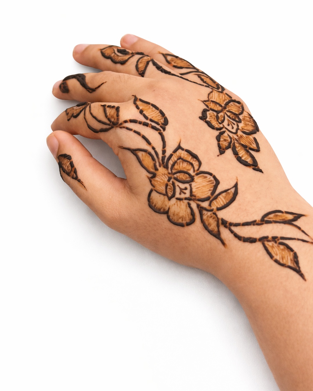 Beautiful floral henna design on hand at Serene Suite Abu Dhabi