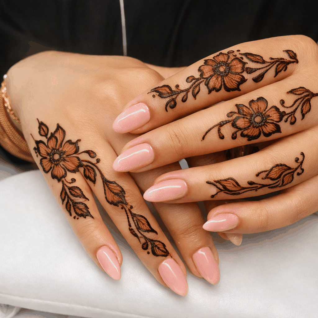 Stunning combination of pink nails and floral henna